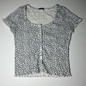 Brandy Melville White Navy Floral Print Ribbed Button Up Crop Top Short Sleeve